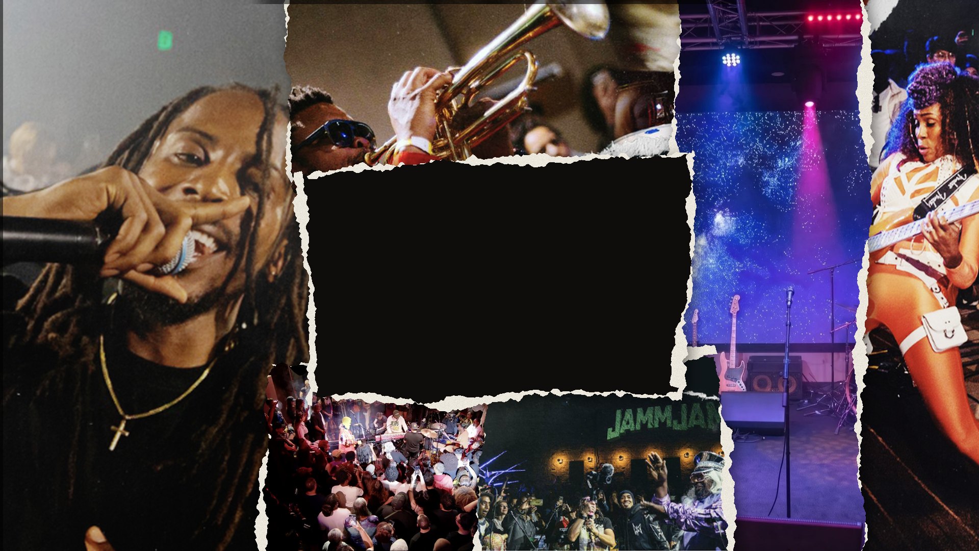 Torn-paper collage of JammJam performers, a JammJam crowd, and the starfield LED wall in The Recording Club's Live Room