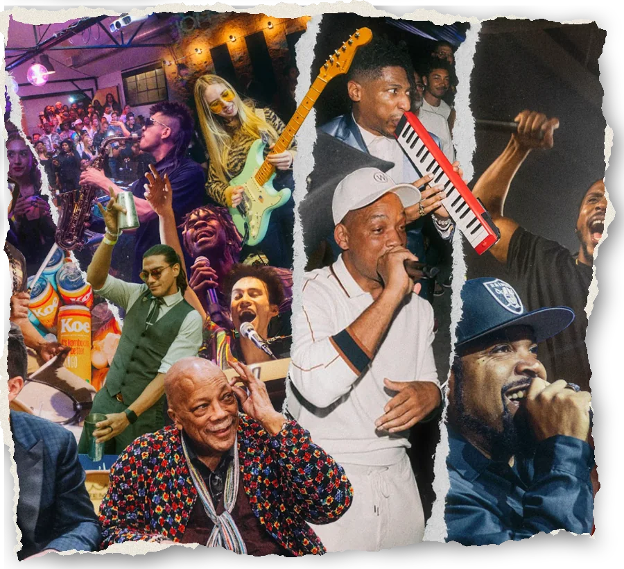 Collage from Jammcard events: musicians on saxophone, guitar and keytar, Quincy Jones, Will Smith and Ice Cube