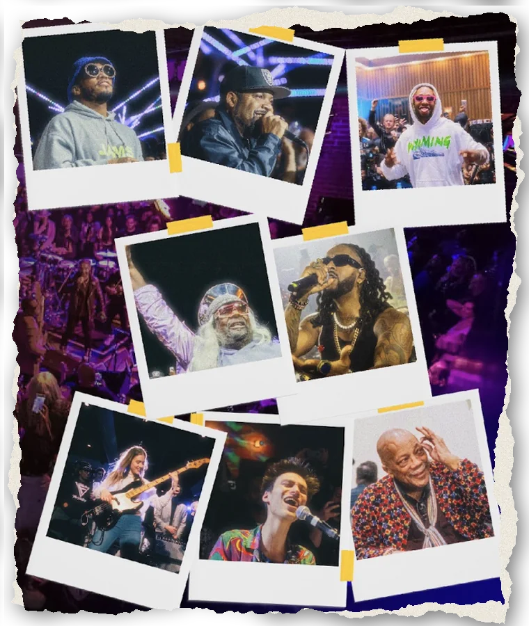 Polaroids of past JammJam performers, including George Clinton, Jacob Collier and Quincy Jones