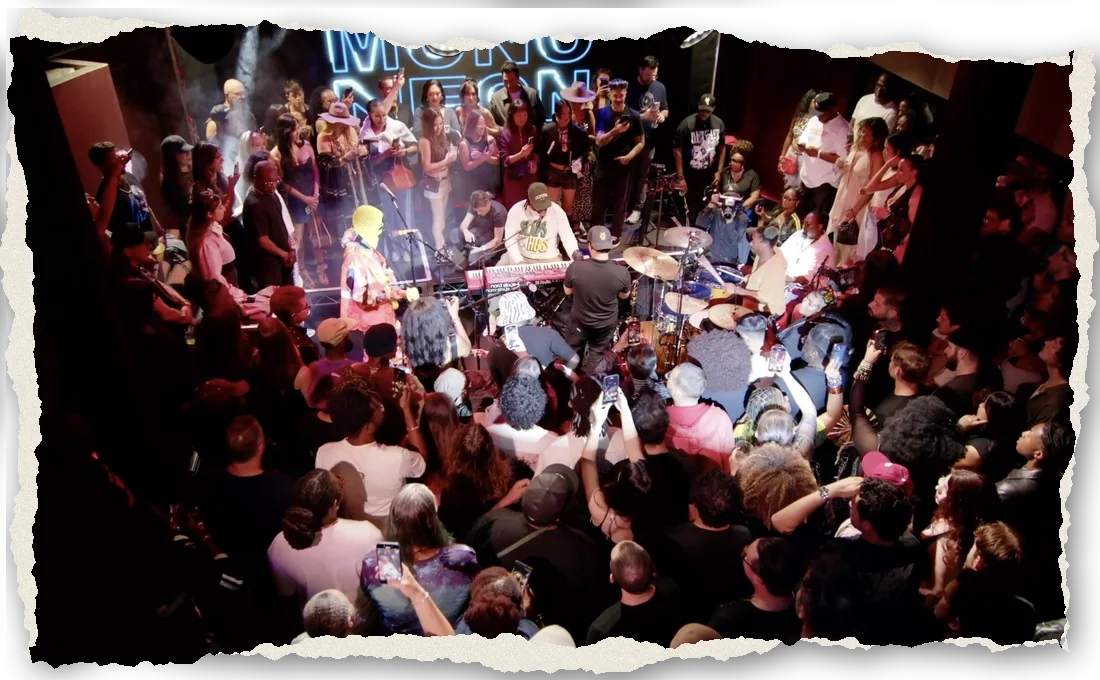 The crowd around the band at a JammJam at The Recording Club